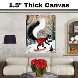 Whimsical Christmas Skunk in Feathered Hat – Red Cape Ice Skating Winter Animal Art Print, Elegant Holiday Woodland Decor, Cozy Christmas Nursery Wall Art on Ready to Hang 1.5" Thick Canvas Wrap, Floating Framed Canvas, Flat Rolled Canvas