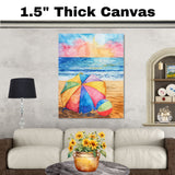 Watercolor Painting of Colorful Beach Umbrella and Ball on Sandy Shore with Ocean Sunset and Vibrant Sky Reflections on Ready to Hang 1.5" Thick Canvas Wrap, Floating Framed Canvas, Flat Rolled Canvas