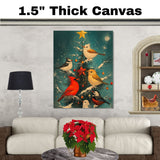 Retro Style Painting of Birds Decorating a Snowy Christmas Tree with Ornaments and a Star Perfect for Holiday Home Accents or Winter Animal Lovers on Ready to Hang 1.5" Thick Canvas Wrap, Floating Framed Canvas, Flat Rolled Canvas