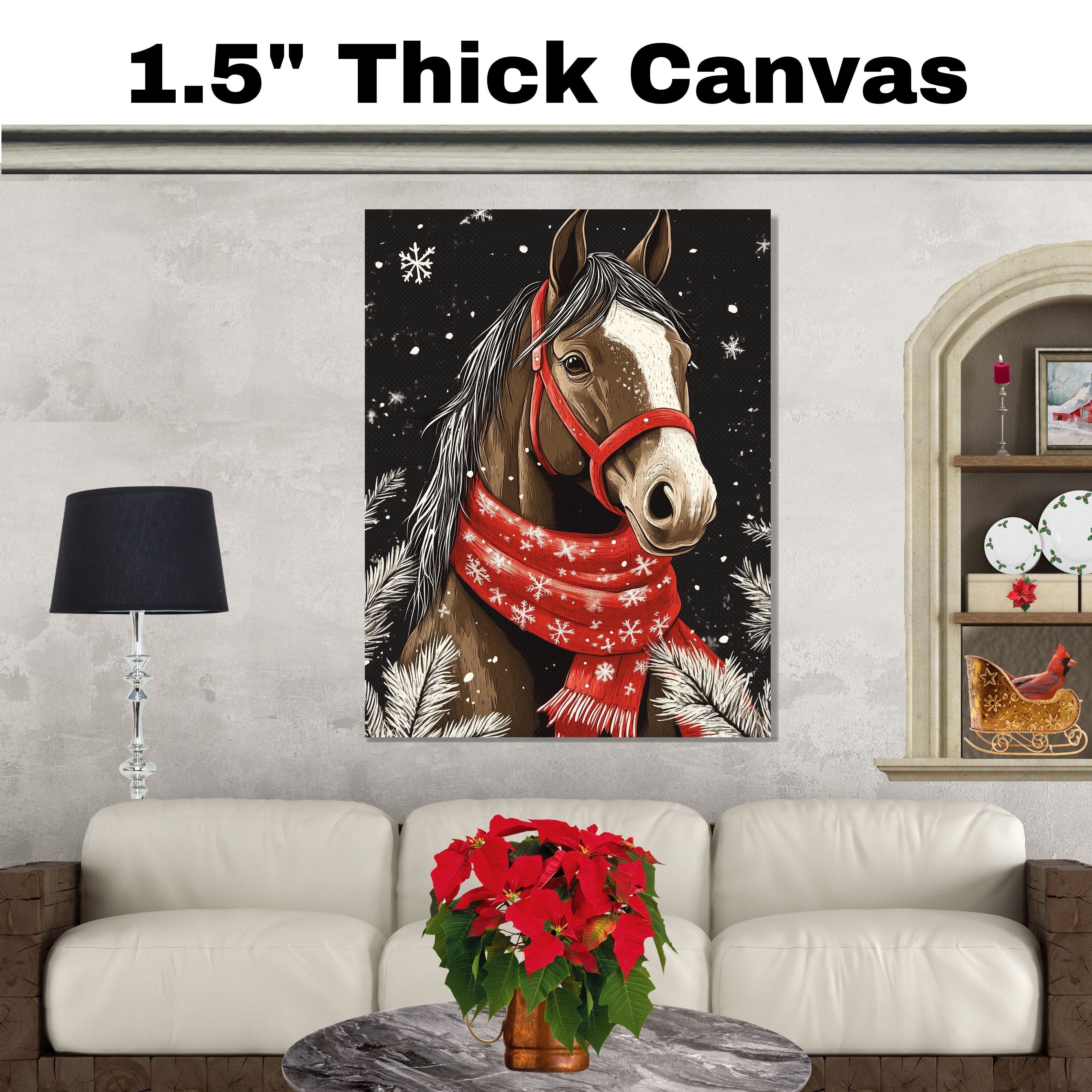 "Winter Majesty Horse" - Horse in Red Scarf Standing in Snow on Ready to Hang 1.5" Thick Canvas Wrap, Floating Framed Canvas, Flat Rolled Canvas