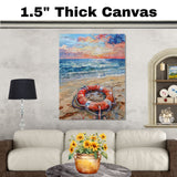 Watercolor Painting of a Life Ring and Anchor on the Beach with Ocean Waves and a Colorful Coastal Sunset Sky on Ready to Hang 1.5" Thick Canvas Wrap, Floating Framed Canvas, Flat Rolled Canvas