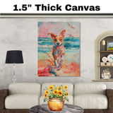 Watercolor Dog Running on Beach with Waves and Birds in Colorful Splash Style Coastal Animal Art for Pet Lovers on Ready to Hang 1.5" Thick Canvas Wrap, Floating Framed Canvas, Flat Rolled Canvas