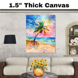 Watercolor Artwork of a Palm Tree on a Colorful Beach with Ocean Waves and Sunset Sky in Vibrant Tropical Hues on Ready to Hang 1.5" Thick Canvas Wrap, Floating Framed Canvas, Flat Rolled Canvas