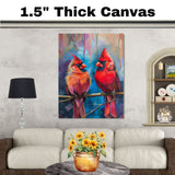 Pair of Red Cardinals on Branch – Vivid Brushstroke Style Painting with Expressive Background and Lifelike Bird Details in Bold Colors on Ready to Hang 1.5" Thick Canvas Wrap, Floating Framed Canvas, Flat Rolled Canvas