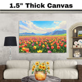 Painting of a Colorful Tulip Field in Full Bloom with Vibrant Red Yellow and Pink Flowers Under a Bright Blue Sky and Majestic Mountain Landscape in the Distance on Ready to Hang 1.5" Thick Canvas Wrap, Floating Framed Canvas, Flat Rolled Canvas