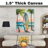 Watercolor Painting of Multicolored Surfboard Between Palm Trees on a Sunny Beach on Ready to Hang 1.5" Thick Canvas Wrap, Floating Framed Canvas, Flat Rolled Canvas