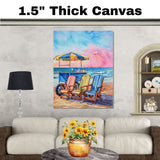 Watercolor Painting of an Ice Cream Cart and Colorful Chairs on the Beach on Ready to Hang 1.5" Thick Canvas Wrap, Floating Framed Canvas, Flat Rolled Canvas