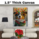 Australian Shepherd Christmas Charm - 'Merry Antlers' - Australian Shepherd Dog with Glowing Antlers & Holiday Scarf on Ready to Hang 1.5" Thick Canvas Wrap, Floating Framed Canvas, Flat Rolled Canvas