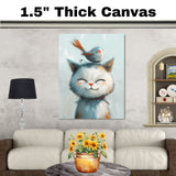 Happy Calico Cat with Orange-Tailed Bird on Head Adorable Animal Illustration for Kids Room or Nursery Whimsical Art Print for Cat and Bird Lovers on Ready to Hang 1.5" Thick Canvas Wrap, Floating Framed Canvas, Flat Rolled Canvas