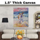Watercolor Dog Running Through Surf with Flying Birds and Splashing Waves in Colorful Coastal Beach Scene Art Print on Ready to Hang 1.5" Thick Canvas Wrap, Floating Framed Canvas, Flat Rolled Canvas