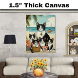 Sun-Kissed Whiskers: Tuxedo Cat Mom and Four Kittens by the Tropical Shore on Ready to Hang 1.5" Thick Canvas Wrap, Floating Framed Canvas, Flat Rolled Canvas
