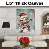 Whimsical Christmas Monkey Ice Skating in Festive Red Outfit and Santa Hat – Cheerful Holiday Animal Art for Winter Nursery Decor, Gifting, and Seasonal Joy on Ready to Hang 1.5" Thick Canvas Wrap, Floating Framed Canvas, Flat Rolled Canvas