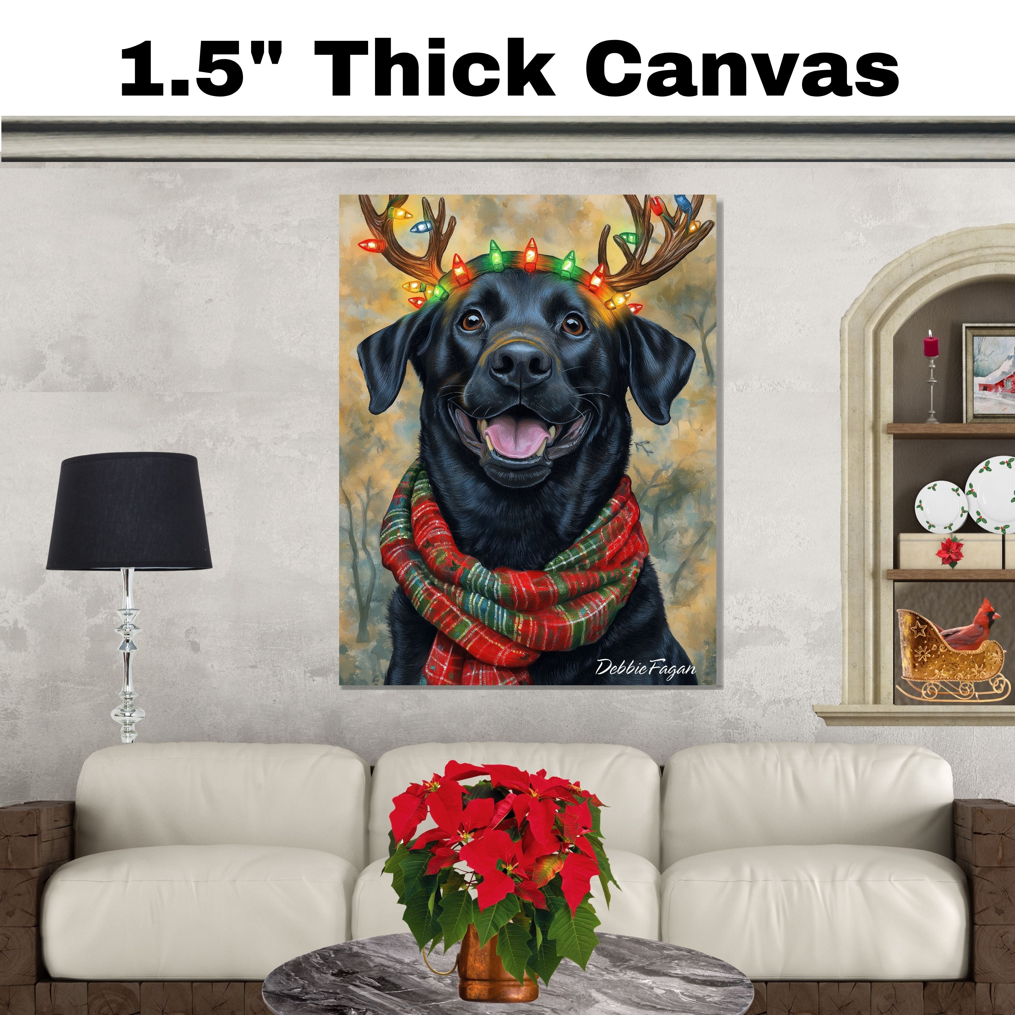 Forest Glow - Black Labrador Dog with Lighted Antlers & Holiday Scarf in Snowy Forest, Ready to Hang 1.5" Thick Canvas Wrap, Floating Framed Canvas, Flat Rolled Canvas