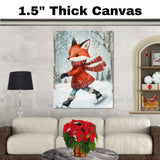 Whimsical Christmas Fox Ice Skating in Red Sweater and Scarf Canvas or Wall Art Print on Ready to Hang 1.5" Thick Canvas Wrap, Floating Framed Canvas, Flat Rolled Canvas