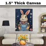 Bunny Wall Art Whimsical Rabbit in Blue Overalls with Flowers Cute Farmhouse Decor for Nursery Bedroom or Gifts for Animal Lovers and Country Cottage Homes on Ready to Hang 1.5" Thick Canvas Wrap, Floating Framed Canvas, Flat Rolled Canvas