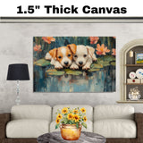 Two Adorable Puppies Lying on Lily Pads in a Pond Surrounded by Colorful Flowers, Impressionist Style Painting Full of Charm, Nature, and Tranquility on Ready to Hang 1.5" Thick Canvas Wrap, Floating Framed Canvas, Flat Rolled Canvas
