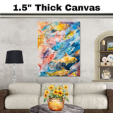 Colorful Watercolor Fish School Underwater Scene with Bright Tropical Marine Life in Abstract Ocean Palette on Ready to Hang 1.5" Thick Canvas Wrap, Floating Framed Canvas, Flat Rolled Canvas