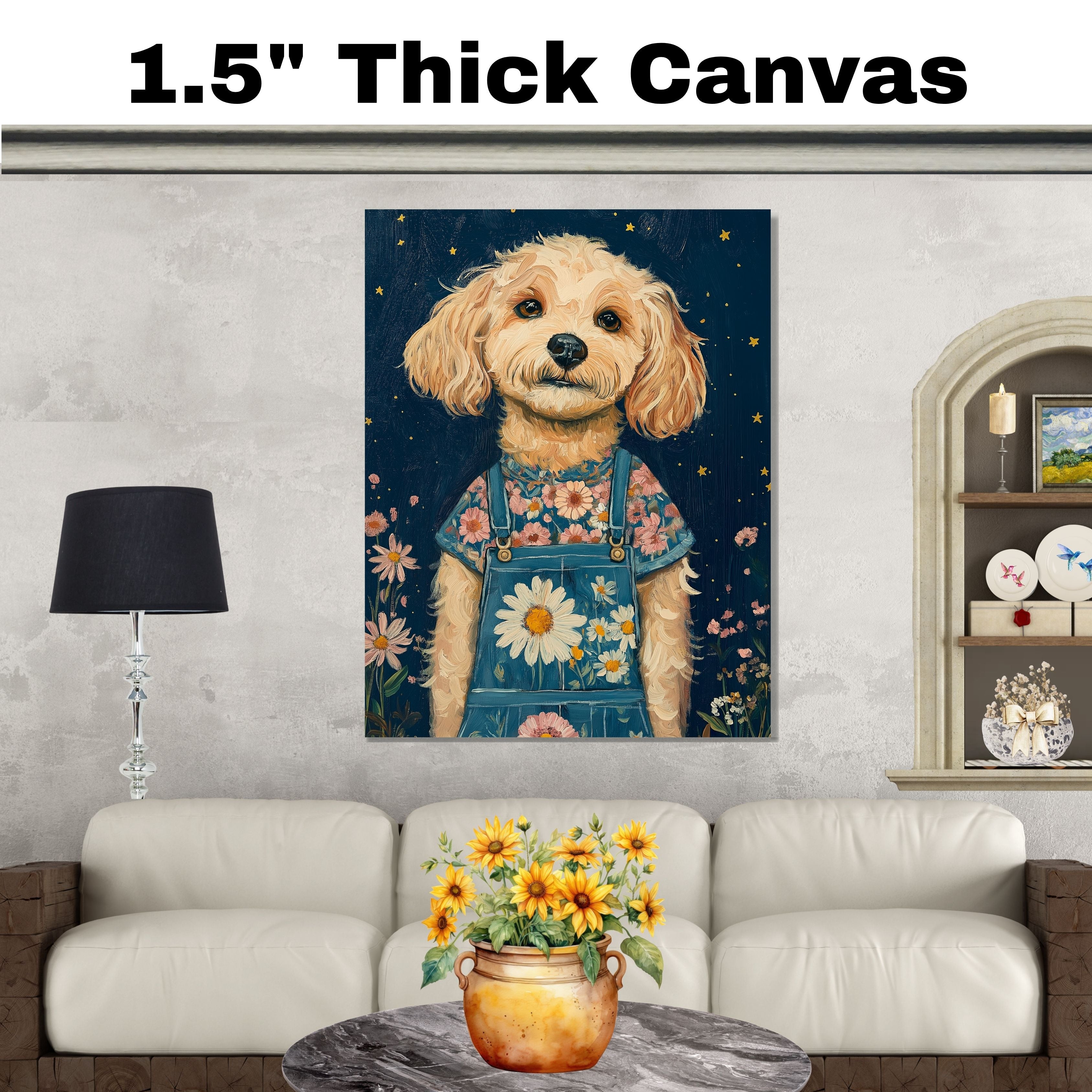 Charming Dog in Overalls with Floral Shirt Whimsical Animal Art for Nursery Rustic Farmhouse Decor Cute Dog Lover Gift Wall Print for Bedroom or Living Room on Ready to Hang 1.5" Thick Canvas Wrap, Floating Framed Canvas, Flat Rolled Canvas