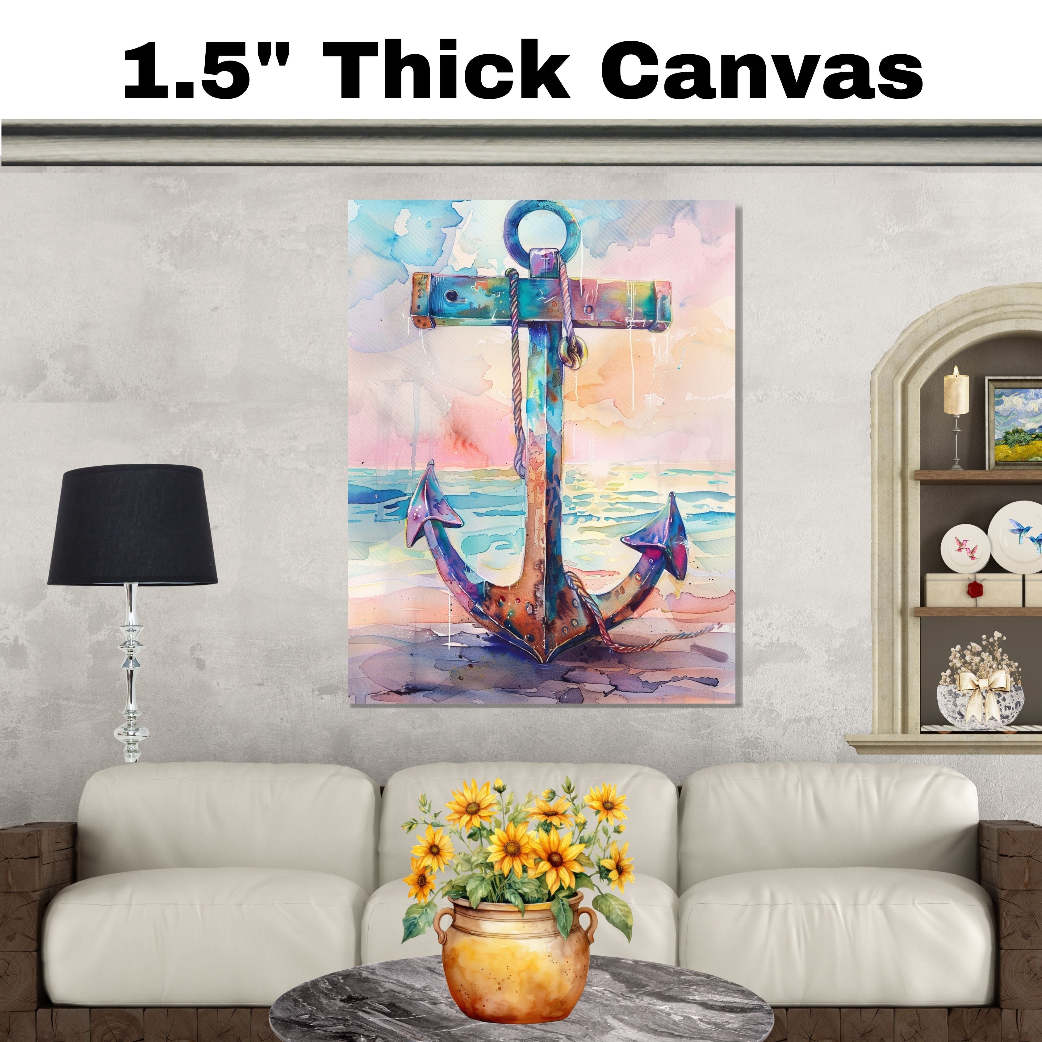 Watercolor Painting of a Multicolored Anchor on the Shore with Ocean Reflections and a Warm Sunset Coastal Sky on Ready to Hang 1.5" Thick Canvas Wrap, Floating Framed Canvas, Flat Rolled Canvas