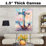 Watercolor Painting of a Multicolored Anchor on the Shore with Ocean Reflections and a Warm Sunset Coastal Sky on Ready to Hang 1.5" Thick Canvas Wrap, Floating Framed Canvas, Flat Rolled Canvas