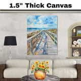 Curved Coastal Boardwalk Watercolor Painting – Beach Pathway with Ocean View and Sky on Ready to Hang 1.5" Thick Canvas Wrap, Floating Framed Canvas, Flat Rolled Canvas