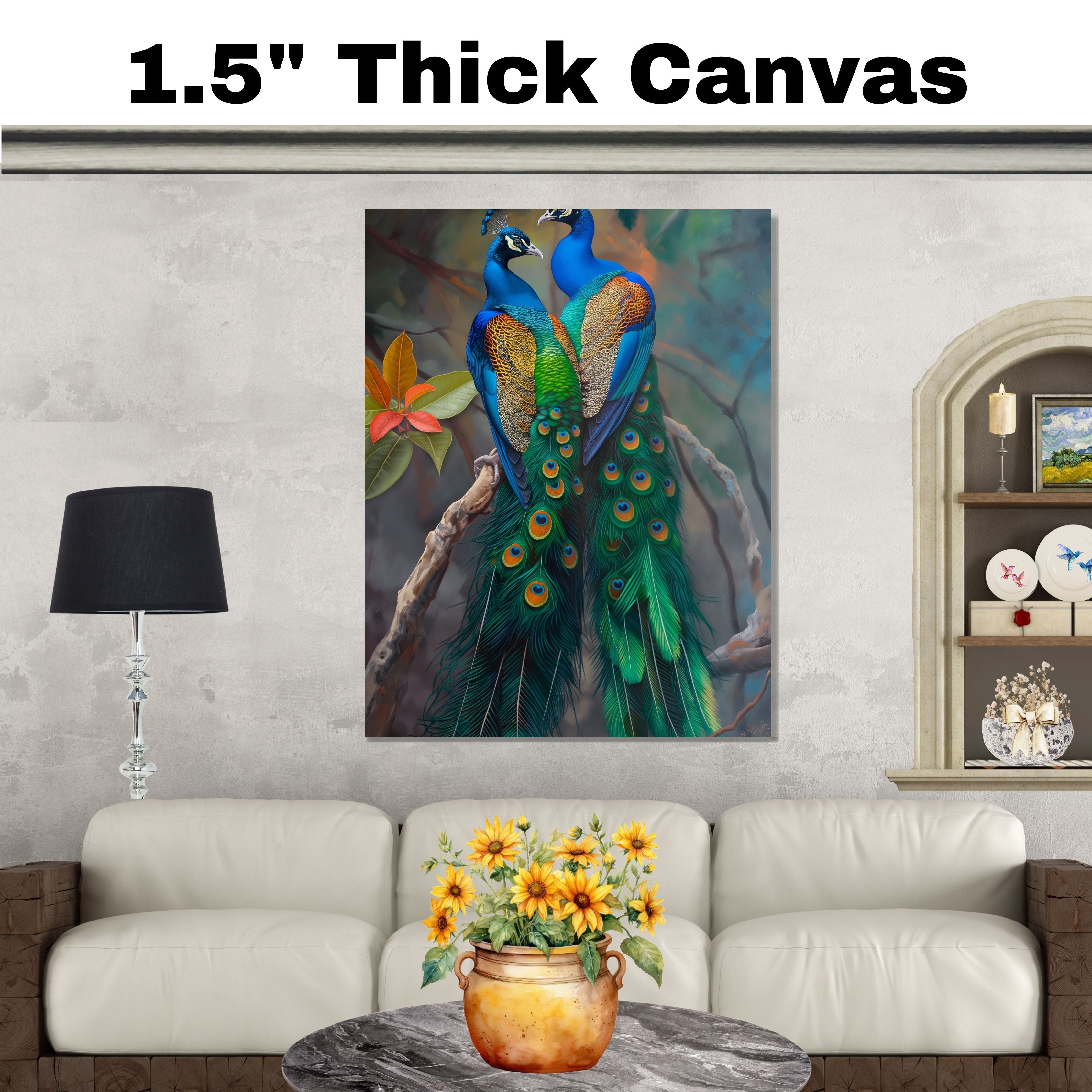 Elegant Peacock Pair Artwork Featuring Lush Green and Blue Feathers with Golden Accents Perched Gracefully Against a Soft Misty Forest Background on Ready to Hang 1.5" Thick Canvas Wrap, Floating Framed Canvas, Flat Rolled Canvas