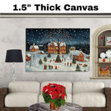 Christmas Folk Art Scene with Snowy Village, Lit Windows, Decorated Trees, and Families Celebrating Under Snowfall on Ready to Hang 1.5" Thick Canvas Wrap, Floating Framed Canvas, Flat Rolled Canvas