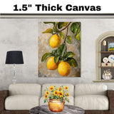Close-Up Lemons on Branch with Leaves Vintage Botanical Style Illustration for Kitchen or Dining Room Rustic Farmhouse Citrus Fruit Art Print on Ready to Hang 1.5" Thick Canvas Wrap, Floating Framed Canvas, Flat Rolled Canvas