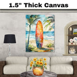 Watercolor Painting of a Multicolored Surfboard Standing Upright on a Tropical Beach with Palm Trees and Ocean Waves on Ready to Hang 1.5" Thick Canvas Wrap, Floating Framed Canvas, Flat Rolled Canvas