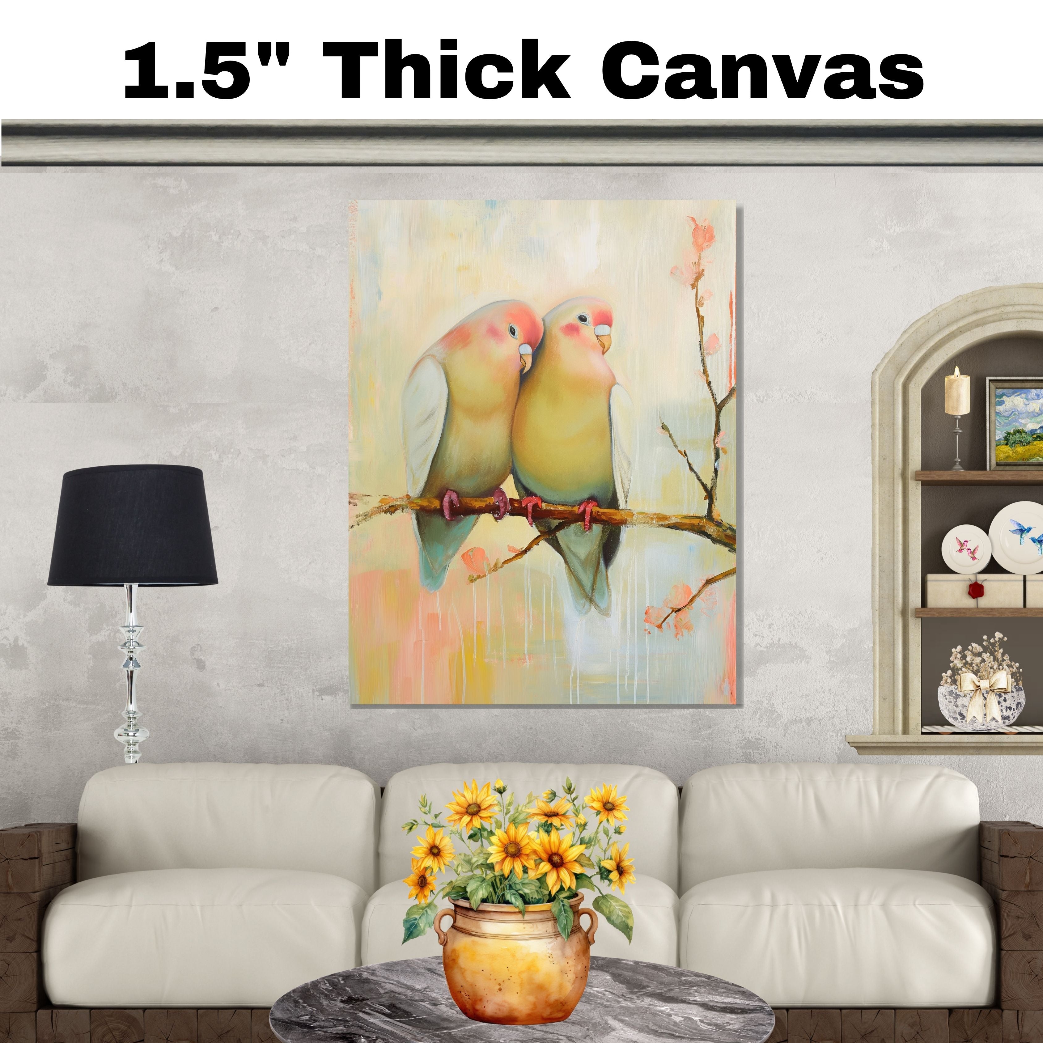 Charming Lovebirds Sitting Close on a Branch with Warm Pastel Floral Background on Ready to Hang 1.5" Thick Canvas Wrap, Floating Framed Canvas, Flat Rolled Canvas