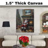 Santa Claus Sitting in a Rocking Chair Beside Fireplace and Christmas Tree with Gifts and Orange Cat in a Warm Holiday Living Room with Garland and Framed Snowy Art on Ready to Hang 1.5" Thick Canvas Wrap, Floating Framed Canvas, Flat Rolled Canvas