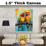 Colorful Lovebird Pair in Abstract Impressionist Style with Vibrant Tropical Hues Sitting on a Branch Against a Bright Blue and Yellow Background on Ready to Hang 1.5" Thick Canvas Wrap, Floating Framed Canvas, Flat Rolled Canvas