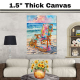 Watercolor Painting of Patterned Beach Chair with Towels Sunglasses and Bags on Shoreline at Sunset with Ocean Waves on Ready to Hang 1.5" Thick Canvas Wrap, Floating Framed Canvas, Flat Rolled Canvas