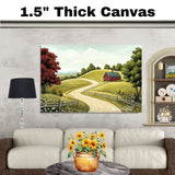 Winding Country Road with Red House and Wildflowers – Serene Summer Folk Art Landscape Print on Ready to Hang 1.5" Thick Canvas Wrap, Floating Framed Canvas, Flat Rolled Canvas