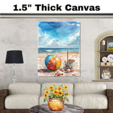 Watercolor Beach Scene with Colorful Ball, Shells, Metal Pail, and Shovel on Sandy Shore with Blue Ocean and Sky on Ready to Hang 1.5" Thick Canvas Wrap, Floating Framed Canvas, Flat Rolled Canvas