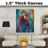 Colorful Pelican Pair Artwork with Rainbow Plumage and Long Beaks Perched Together on a Branch Against a Vibrant Teal Blue and Orange Tropical Background on Ready to Hang 1.5" Thick Canvas Wrap, Floating Framed Canvas, Flat Rolled Canvas