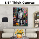 Springtime Blossoms: Tuxedo Cat Mom and Three Kittens in a Floral Wonderland on Ready to Hang 1.5" Thick Canvas Wrap, Floating Framed Canvas, Flat Rolled Canvas