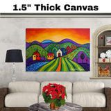 Vibrant Christmas Hillside with Whimsical Homes, Colorful Trees, and a Radiant Sunset in Bold Folk Art Style on Ready to Hang 1.5" Thick Canvas Wrap, Floating Framed Canvas, Flat Rolled Canvas
