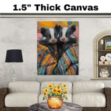 Whimsical Painting of Two Cute Skunks Wrapped in a Colorful Blanket with Sweet Expressions Perfect for Nursery Animal Lovers or Cozy Nature-Inspired Themes on Ready to Hang 1.5" Thick Canvas Wrap, Floating Framed Canvas, Flat Rolled Canvas