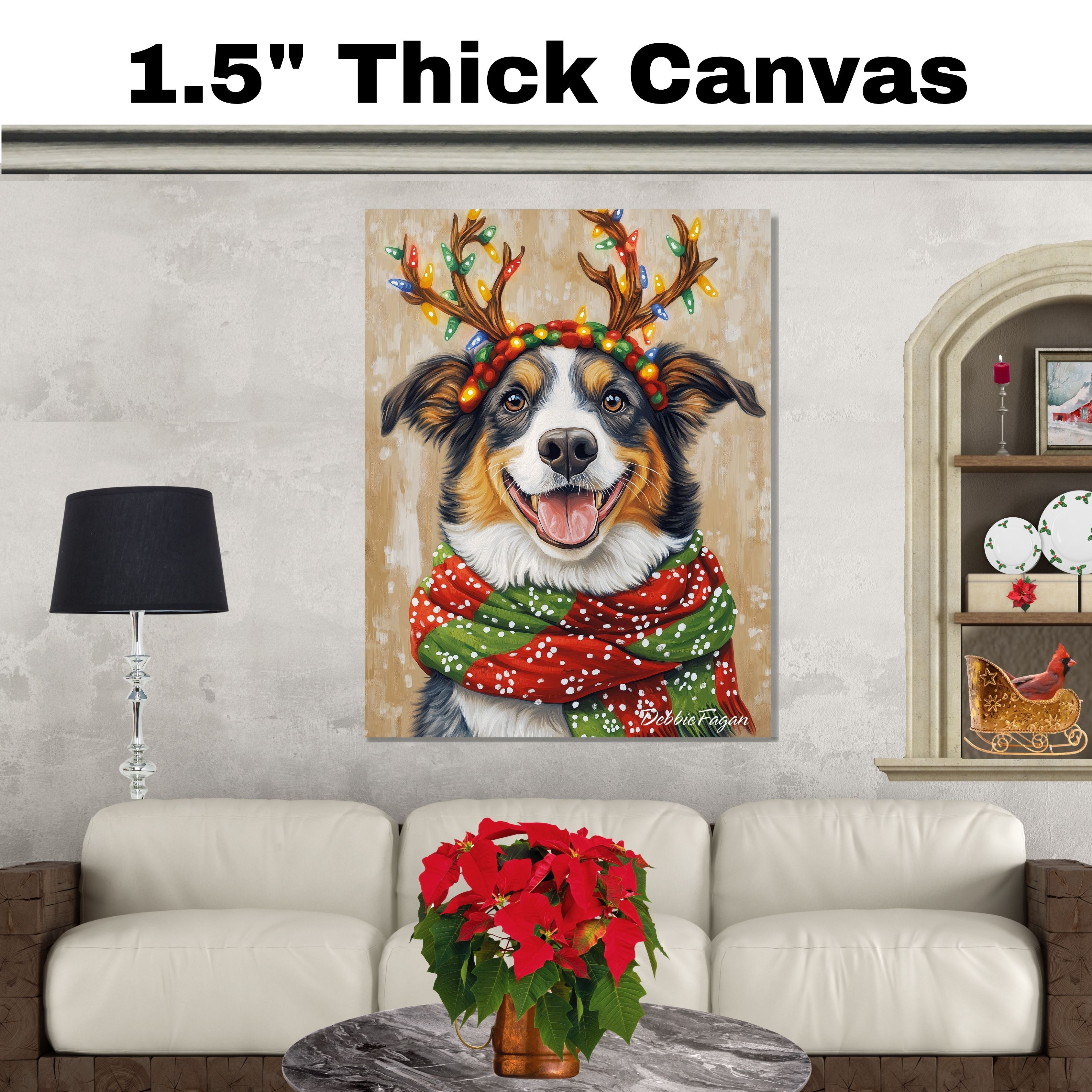 Holiday Spirit - 'Festive Flicker' - Australian Shepherd Dog with Lighted Antlers & Cozy Scarf on Rustic Background, Ready to Hang 1.5" Thick Canvas Wrap, Floating Framed Canvas, Flat Rolled Canvas