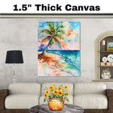 Watercolor Painting of a Vibrant Palm Tree on a Tropical Shoreline with Colorful Sky and Ocean Waves on Ready to Hang 1.5" Thick Canvas Wrap, Floating Framed Canvas, Flat Rolled Canvas