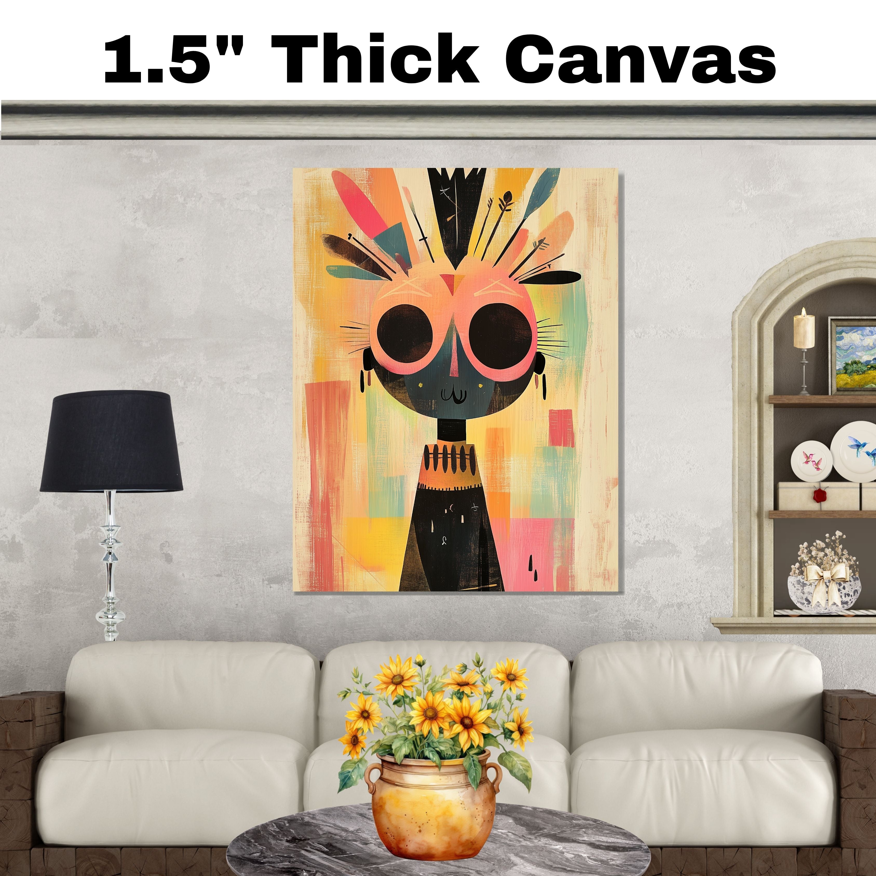 Colorful Abstract Tribal Character Art in Mid-Century Modern Style with Bold Feathers and Whimsical Expression for Living Room or Office Display on Ready to Hang 1.5" Thick Canvas Wrap, Floating Framed Canvas, Flat Rolled Canvas