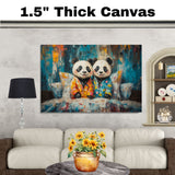 Cheerful Painting of Two Panda Bears in Colorful Pajamas Sitting on a Bed Surrounded by Bright Pillows with Joyful Faces and a Vivid Abstract Background on Ready to Hang 1.5" Thick Canvas Wrap, Floating Framed Canvas, Flat Rolled Canvas