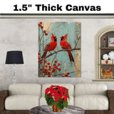 Rustic Retro Painting of Two Cardinals on a Branch with Red Winter Berries and Distressed Blue Background Perfect for Holiday Decor or Bird Lover Gift on Ready to Hang 1.5" Thick Canvas Wrap, Floating Framed Canvas, Flat Rolled Canvas