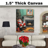 Santa Claus Relaxing in Rocking Chair by Fireplace with Christmas Tree, Gifts and Sleeping Cat in a Warm Holiday Living Room Scene with Garland and Framed Art on Ready to Hang 1.5" Thick Canvas Wrap, Floating Framed Canvas, Flat Rolled Canvas