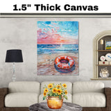 Watercolor Painting of a Lifebuoy on the Beach with Ocean Waves and Colorful Sunset Sky in Coastal Summer Style on Ready to Hang 1.5" Thick Canvas Wrap, Floating Framed Canvas, Flat Rolled Canvas
