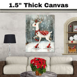 Whimsical Christmas Deer Ice Skating in Red Snowflake Blanket with Holly Antlers Woodland Winter Illustration Holiday Nursery Wall Art or Canvas Print on Ready to Hang 1.5" Thick Canvas Wrap, Floating Framed Canvas, Flat Rolled Canvas