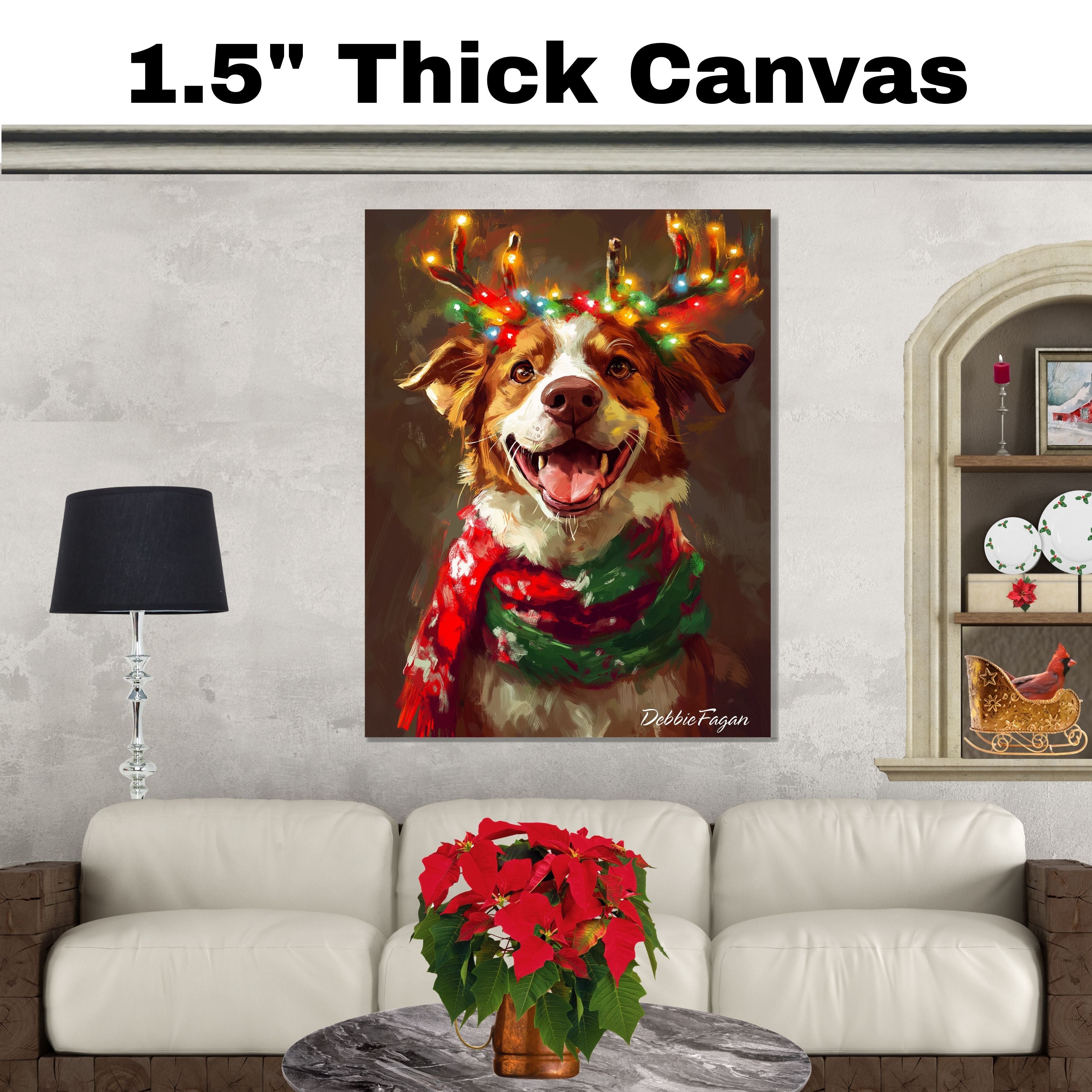 Christmas Glow - 'Rustic Wonder' - Australian Shepherd with Twinkling Antlers & Festive Scarf Rustic, Ready to Hang 1.5" Thick Canvas Wrap, Floating Framed Canvas, Flat Rolled Canvas