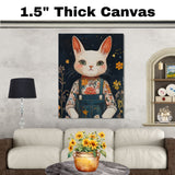 Whimsical White Cat in Floral Overalls Hand Painted Art Starry Night Background Perfect for Nursery Kids Room Home Wall Decor Bedroom or Animal Lovers Gift on Ready to Hang 1.5" Thick Canvas Wrap, Floating Framed Canvas, Flat Rolled Canvas