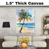 Watercolor Painting of a Palm Tree on a Tropical Beach with Sunset Sky and Ocean in Soft Multicolored Tones on Ready to Hang 1.5" Thick Canvas Wrap, Floating Framed Canvas, Flat Rolled Canvas